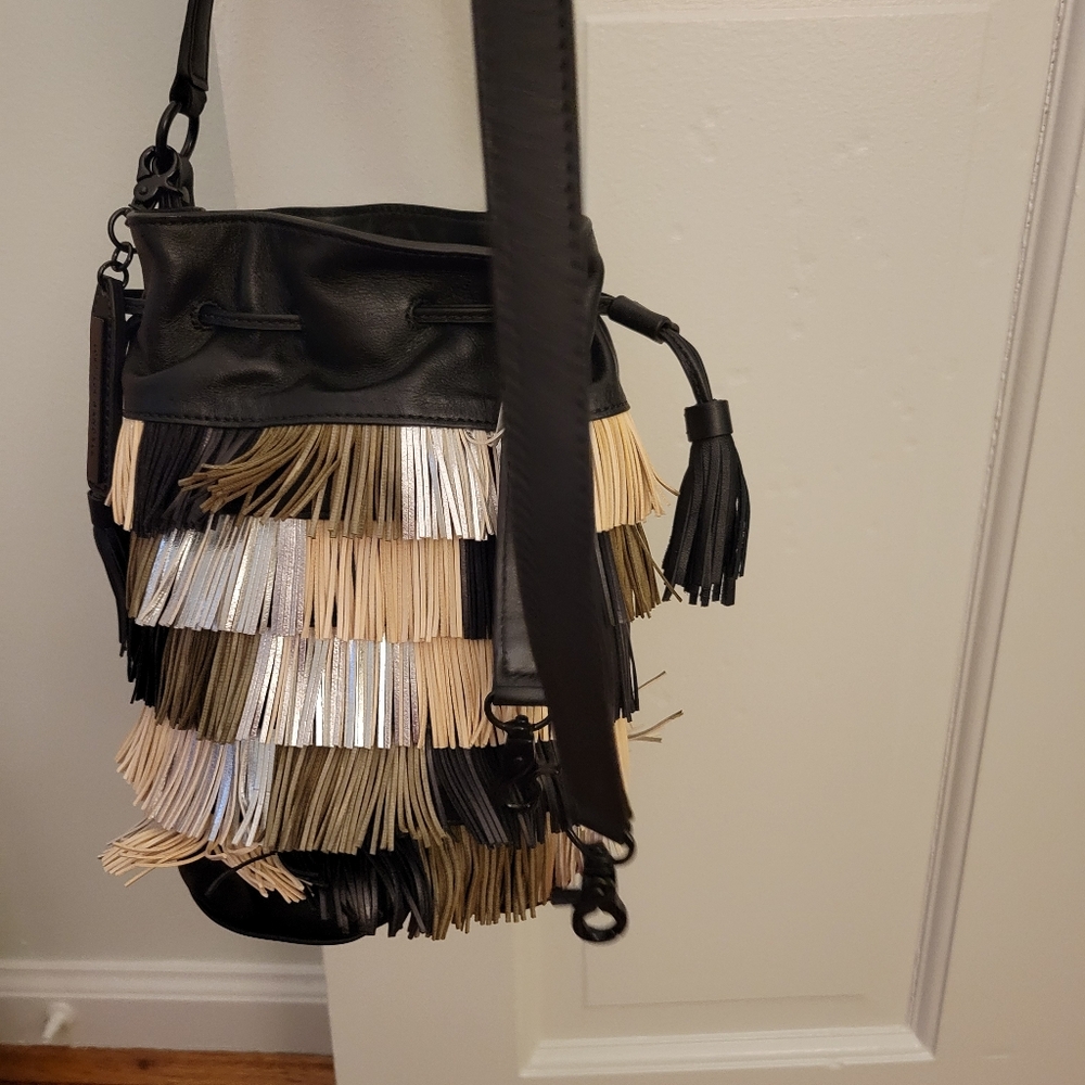 NWOT Loeffler Randall genuine leather fringe handbag purse. Black tan metallic - Picture 9 of 16